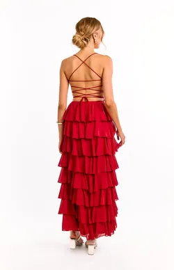 Kim Red Strapless Ruffle Maxi Dress