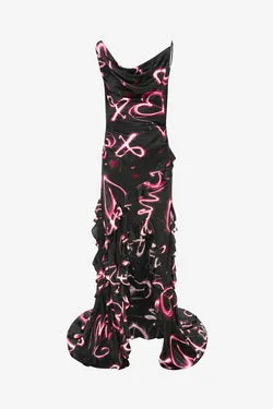 Remy Low Back Split Maxi Dress - Neon Heart Print