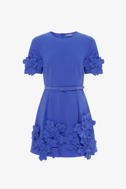 Aurelie Floral Appliqué Short Sleeve Mini Dress - Lapis