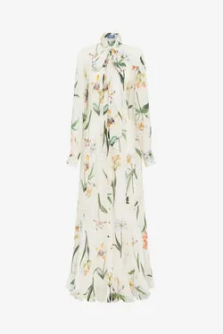 Lilith Tie Neck Maxi Dress - Botanical Print in Snow