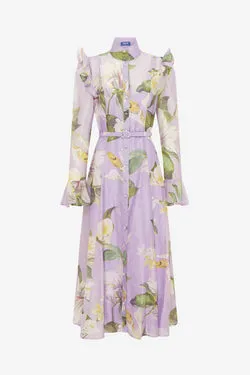 Katrina Butterfly Sleeve Midi Dress - Lily Blossom Print in Lilac