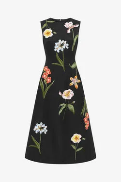 Cleo Embroidered Sleeveless Midi Dress - Botanical Print in Ebony