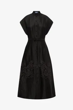 Aubrey Appliqué Shirt Midi Dress - Ebony