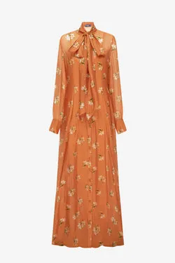 Lilith Tie Neck Maxi Dress - Lily Print in Ochre