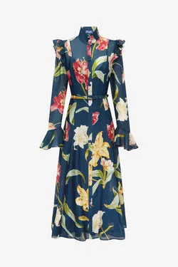 Katrina Butterfly Sleeve Midi Dress - Lily Print in Indigo