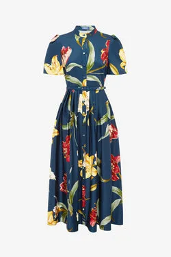 Bianca Short Sleeve Midi Dress - Lily Print in Indigo