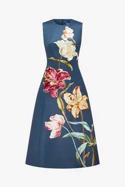 Cleo Embroidered Sleeveless Midi Dress - Lily Print in Indigo