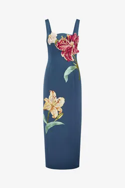 Adelina Embroidered Maxi Dress - Lily Print in Indigo