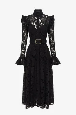 Aliyah Lace Butterfly Sleeve Midi Dress - Ebony