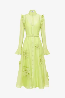 Katrina Petal Butterfly Sleeve Midi Dress - Chartreuse