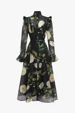 Katrina Butterfly Sleeve Midi Dress - White Rose Print