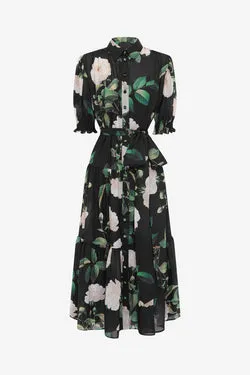 Ellie Bishop Sleeve Midi Dress - White Rose Print