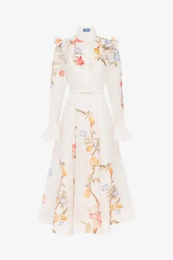 Selina Butterfly Sleeve Midi Dress - Lemon Vine Print in Snow