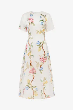 Caroline Short Sleeve Midi Dress - Lemon Vine Print in Snow