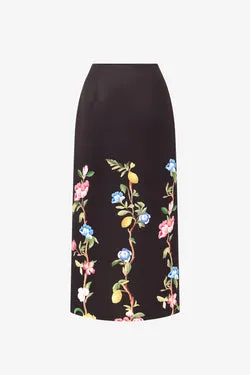 Quinn Midi Skirt - Lemon Vine Print in Ebony