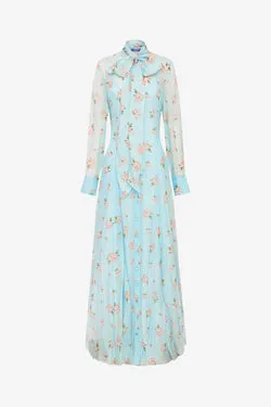 Lilith Tie Neck Maxi Dress - Ditsy Floral Print in Blue