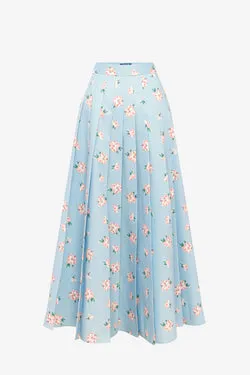 June Pleated Maxi Skirt - Ditsy Floral Print in Blue