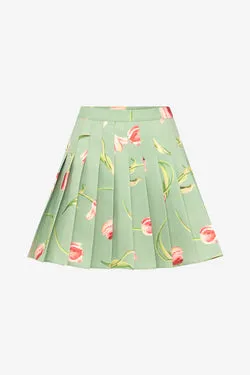 Melody Pleated Mini Skirt - Tulip Print in Green