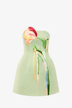 Roselle Cutout Bustier Mini Dress - Tulip Print in Green
