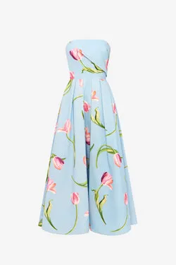 Lynn Bustier Midi Dress - Tulip Print in Blue