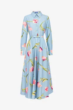 Zara Shirt Midi Dress - Tulip Print in Blue