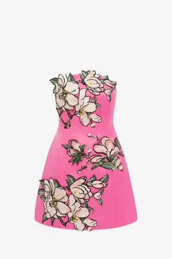Zaria Appliqué Floral Bustier Mini Dress - Pink Magnolia Print