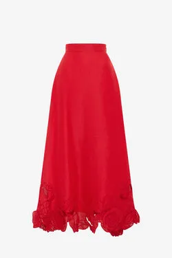 Melissa Linen Appliqué Maxi Skirt - Scarlet