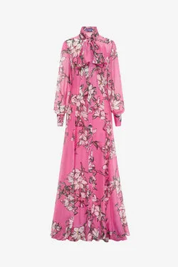Lilith Tie Neck Maxi Dress - Pink Magnolia Print