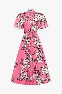 Bianca Short Sleeve Midi Dress - Pink Magnolia Print
