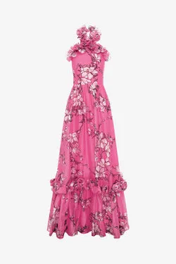 Isabelle Ruffled Halterneck Maxi Dress - Pink Magnolia Print