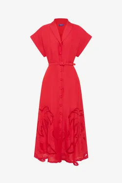 Aubrey Palm Shirt Midi Dress - Scarlet