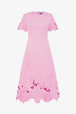 Caroline Appliqué Short Sleeve Midi Dress - Flamingo