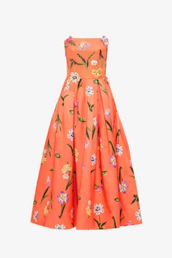 Lynn Bustier Midi Dress - Wild Flower in Coral
