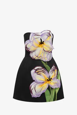 Rosario Appliqué Floral Bustier Mini Dress - Iris Print in Ebony