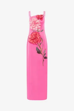 Arianna Appliqué Floral Maxi Dress - Peony Print in Fuchsia