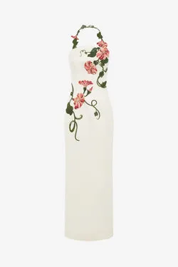 Ava Halterneck Appliqué Floral Bustier Maxi Dress - Vine Print in Snow