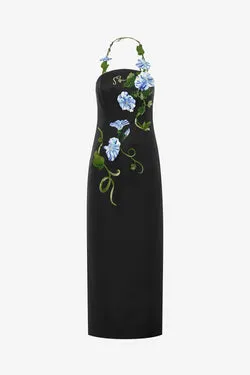 Ava Halterneck Appliqué Floral Bustier Maxi Dress - Vine Print in Ebony