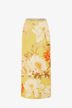 Kyra Embellished Maxi Skirt - Peony Print in Yellow