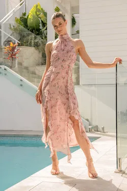 Mistlight Halter Neck Maxi Dress in Pink Floral