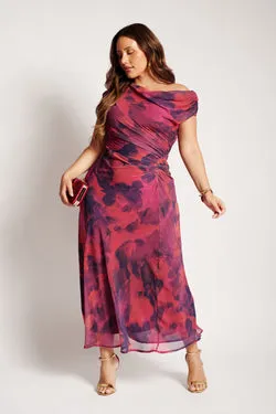 Marielle Off Shoulder Maxi Dress in Purple Watercolour Chiffon