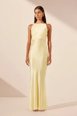 LA LUNE HIGH NECK RUCHED MAXI DRESS - LEMON