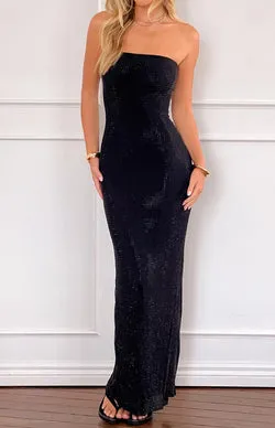 Lulana Black Strapless Rhinestone Maxi Dress