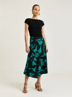 JADE SHADOW LEAF VISCOSE LINEN MIDI SKIRT