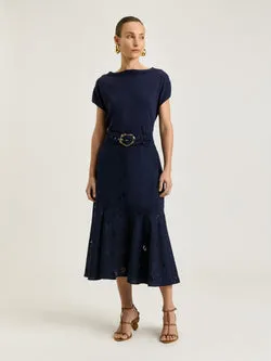 FLORAL BRODERIE BELTED MIDI SKIRT