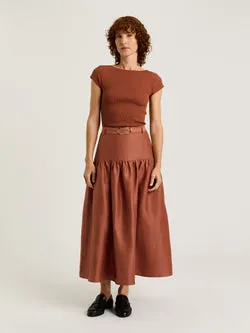 LINEN VISCOSE BLEND GATHERED MIDI SKIRT
