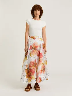 PAINTED FLORAL LINEN SILK MIDI SKIRT