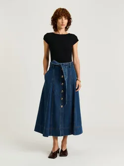 COTTON DENIM BELTED MIDI SKIRT