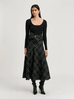 WIDE CHECK TWEED FLUTED SKIRT