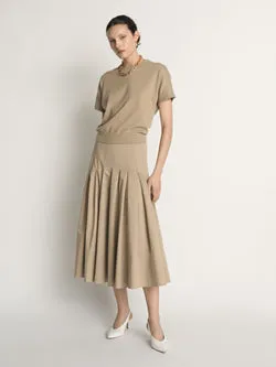 Stretch Cotton Pleat Midi Skirt