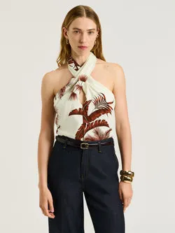 TERRACOTTA PALM PRINT TWIST HALTER NECK TOP